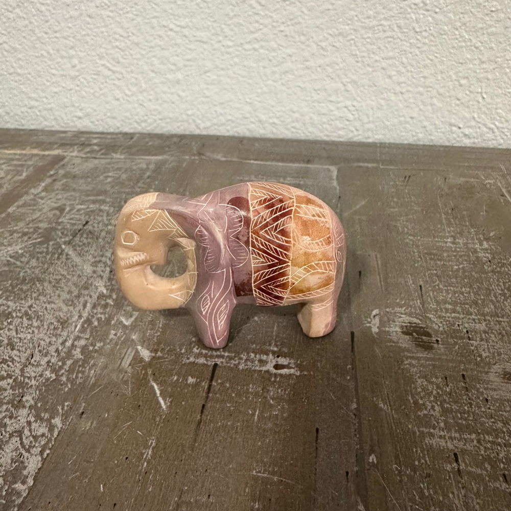 Hand Carved Soapstone Elephant Figurine Tribal Etched Boho Decor Statue
